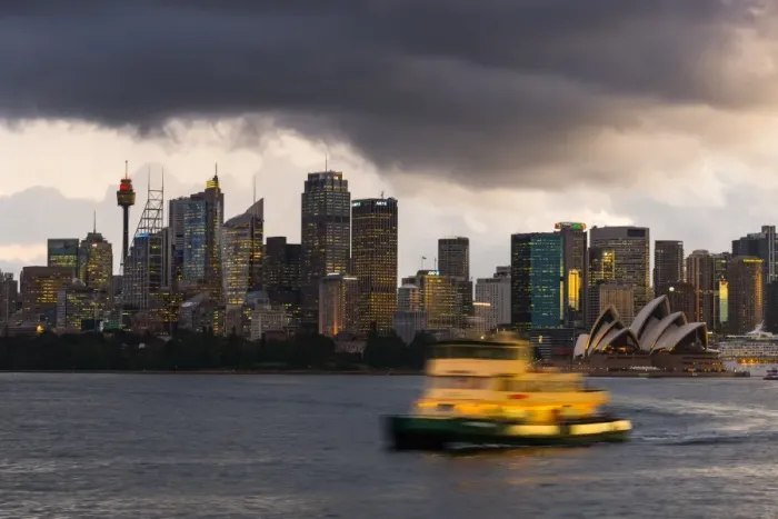 Framed Print : A ferry in Sydney Harbour at dusk with the Opera House and city skyline, Sydney, New South Wales Framed Print : A ferry in Sydney Harbour at dusk with the Opera House and city skyline, Sydney, New South Wales