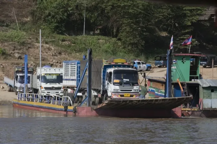 Framed Print : Ferry from Thailand crossing the Mekong River towards Laos, Southeast Asia, Asia Framed Print : Ferry from Thailand crossing the Mekong River towards Laos, Southeast Asia, Asia