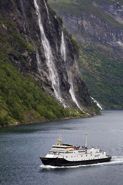 Ferry and waterfall, Geirangerfjord, Northern Fjord Region, Norway, Scandinavia, Europe