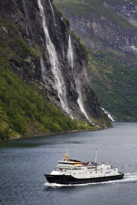 Framed Print : Ferry and waterfall, Geirangerfjord, Northern Fjord Region, Norway, Scandinavia, Europe Framed Print : Ferry and waterfall, Geirangerfjord, Northern Fjord Region, Norway, Scandinavia, Europe