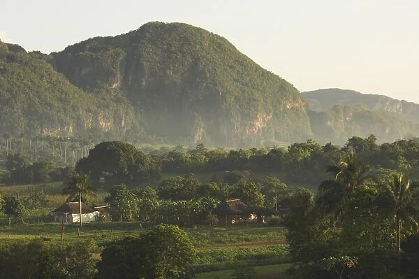 Fertile plain with little farm and typical haystack hills, Vinales, UNESCO World Heritage Site