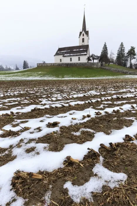 Framed Print : Fields ploughed in front of the church, Versam, Safiental, Surselva, Graubunden, Switzerland Framed Print : Fields ploughed in front of the church, Versam, Safiental, Surselva, Graubunden, Switzerland