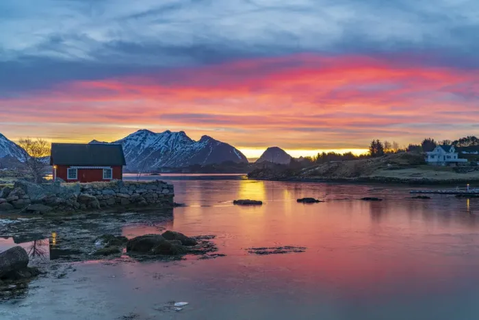Framed Print : Fiery sky at sunrise over a red Rorbu facing the frozen sea, Ballstad, Vestvagoy, Lofoten Islands, Norway, Scandinavia, Europe Framed Print : Fiery sky at sunrise over a red Rorbu facing the frozen sea, Ballstad, Vestvagoy, Lofoten Islands, Norway, Scandinavia, Europe
