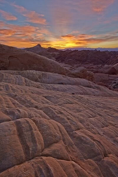 Fiery sunrise above sandstone formations, Valley of Fire State Park, Nevada, United States of America, North America
