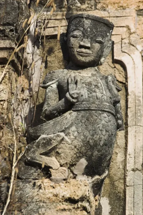Framed Print : Figure carved in stucco decorates one of the ancient stupas, Kakku Buddhist Ruins