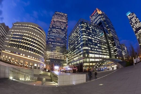 Financial District office buildings illuminated at dusk, Canary Wharf, Docklands