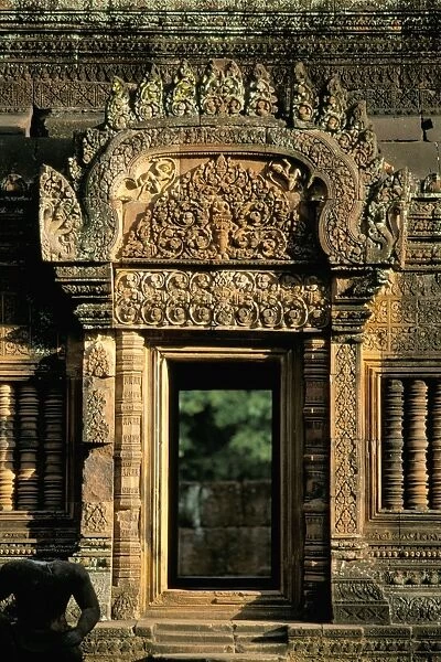 Finely carved doorway within temple of Banteay Srei, founded in 967 AD