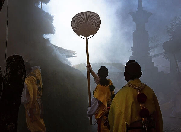 Fire Festival in autumn showing Buddhist monks in smoke at Koyasan, Wakayama prefecture, Honshu, Japan, Asia