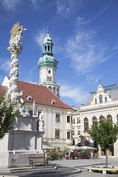 Firewatch Tower and Trinity Column in Main Square, Sopron, Western Transdanubia, Hungary, Europe