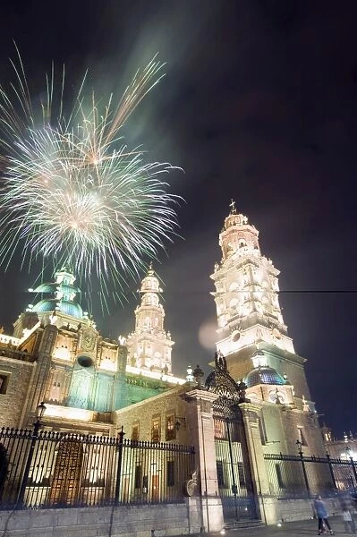 Firework display over the Cathedral, Morelia, UNESCO World Heritage Site