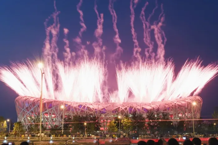 Framed Print : Fireworks on the Birds Nest National Stadium during the opening ceremony of the 2008 Olympic Games