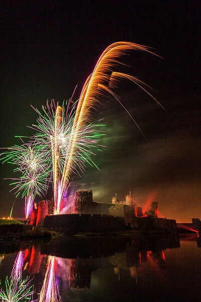 Fireworks, Caerphilly Castle, Caerphilly, South Wales, United Kingdom, Europe