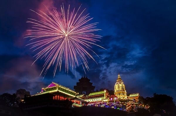Fireworks celebrating Chinese New Year, Kek Lok Si Temple, Penang, Malaysia, Southeast Asia, Asia