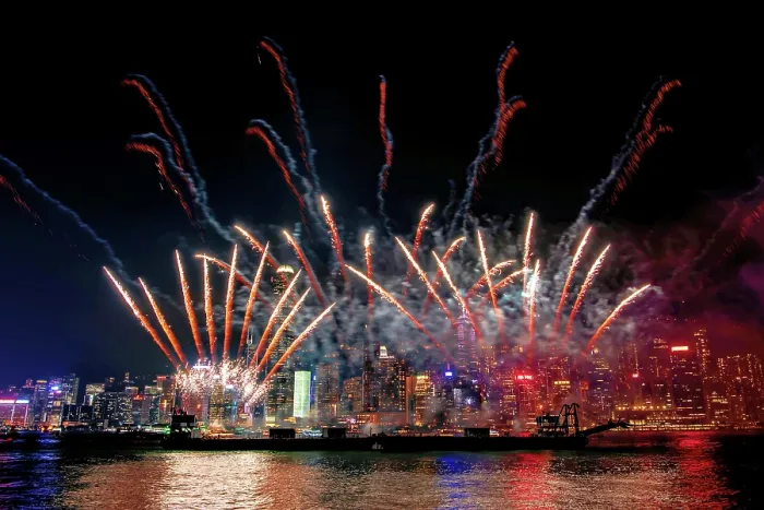 Framed Print : Fireworks display at Victoria Harbour, Hong Kong, China Framed Print : Fireworks display at Victoria Harbour, Hong Kong, China