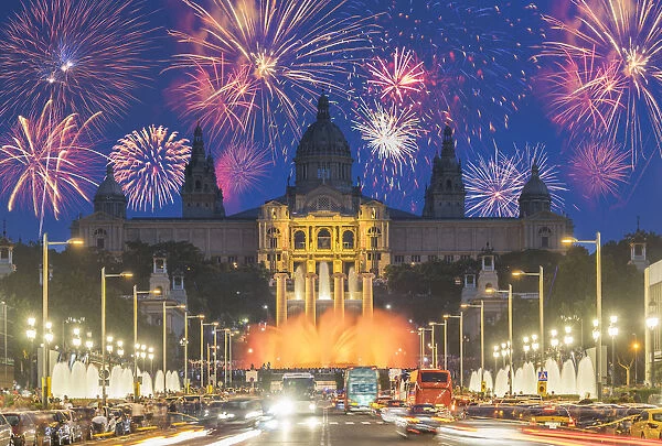 Fireworks, Montjuic, Barcelona, Catalonia, Spain, Europe