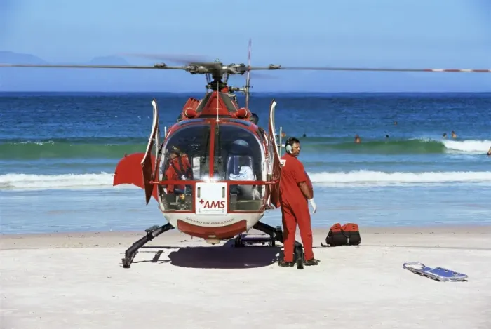 Framed Print : First aid medical helicopter lands on the beach Framed Print : First aid medical helicopter lands on the beach