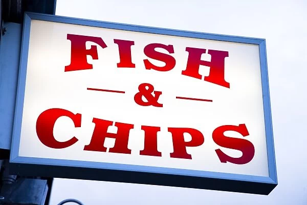 Fish and chips sign in Conwy, Clwyd, Wales, United Kingdom, Europe