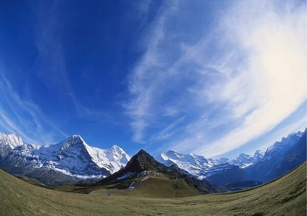 Fish Eye Lens of Mt Eiger, Mt Jungfrau and Mt Monch, Bernese Oberland, Switzerland