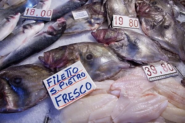 Fish for sale at a market stall, Rialto Markets, Venice, Veneto, Italy, Europe