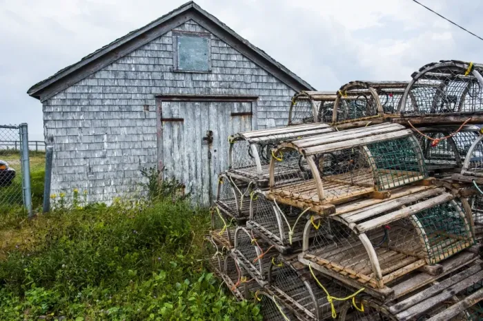 Framed Print : Fish traps in front of a shingle hut in Neils Harbour, Cape Breton Highlands National Park, Cape Breton Island, Nova Scotia, Canada, North America Framed Print : Fish traps in front of a shingle hut in Neils Harbour, Cape Breton Highlands National Park, Cape Breton Island, Nova Scotia, Canada, North America