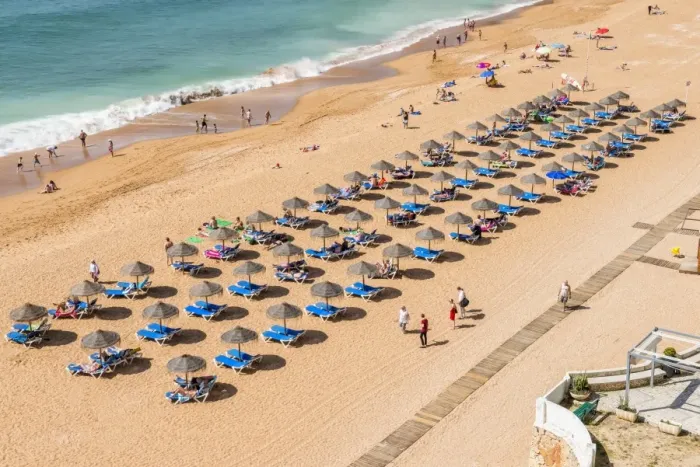 Framed Print : Fisherman beach, Umbrellas and beach chairs, Albufeira, Algarve, Portugal, Europe Framed Print : Fisherman beach, Umbrellas and beach chairs, Albufeira, Algarve, Portugal, Europe