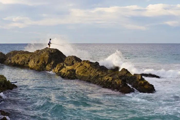 Framed Print : Fisherman getting hit by a wave while rock fishing at Snapper Rocks, Tweed Heads, Gold Coast, Queensland, Australia, Pacific