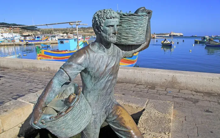 Framed Print : Fisherman statue sculpture in harbour at fishing village of Marsaxlokk, Malta, Mediterranean, Europe Framed Print : Fisherman statue sculpture in harbour at fishing village of Marsaxlokk, Malta, Mediterranean, Europe