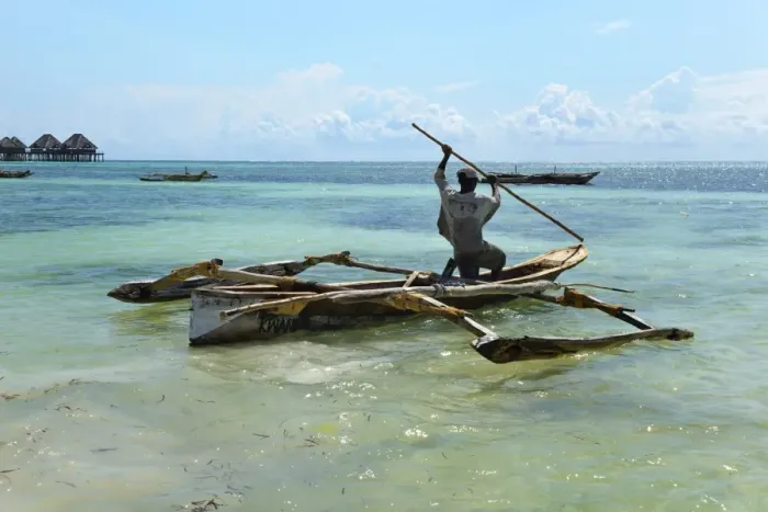 Framed Print : Fisherman and traditional outrigger boat, Bwejuu Beach, Zanzibar, Tanzania, Indian Ocean, East Africa, Africa Framed Print : Fisherman and traditional outrigger boat, Bwejuu Beach, Zanzibar, Tanzania, Indian Ocean, East Africa, Africa