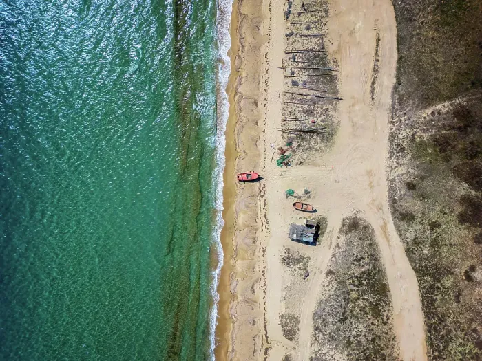 Framed Print : Fishermen boats on a wild beach, drone aerial top view, Thessaloniki, Greece Framed Print : Fishermen boats on a wild beach, drone aerial top view, Thessaloniki, Greece
