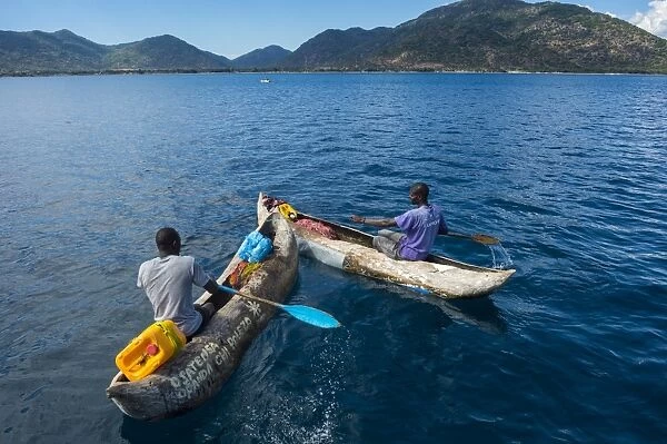 Fishermen on their canoes going fishing, Cape Malcear, Lake Malawi, Malawi, Africa