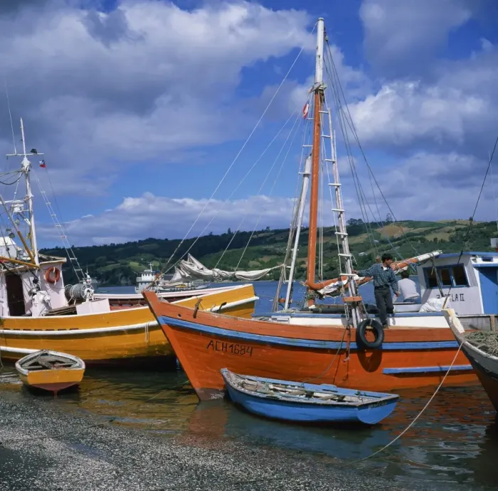 Framed Print : Fishermen on fishing boats moored on the beach at Dalcahue village on Chiloe Island Framed Print : Fishermen on fishing boats moored on the beach at Dalcahue village on Chiloe Island