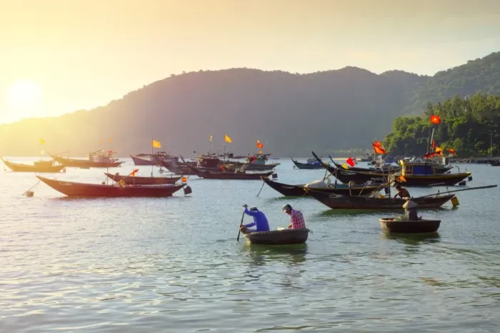 Framed Print : Fishermen in traditional round basket coracle boats on Cham Island, Quang Nam, Vietnam Framed Print : Fishermen in traditional round basket coracle boats on Cham Island, Quang Nam, Vietnam