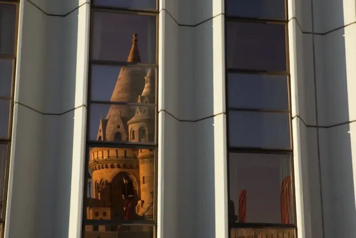Framed Print : Fishermens Bastion (Halaszbastya) reflected in windows of Hilton Hotel, Buda, Budapest, Hungary, Europe Framed Print : Fishermens Bastion (Halaszbastya) reflected in windows of Hilton Hotel, Buda, Budapest, Hungary, Europe
