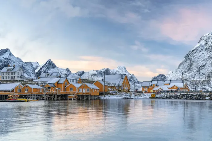 Framed Print : Fishermens wood cabins covered with snow at sunset in the tiny village of Sakrisoy, Reine, Nordland, Lofoten Islands, Norway, Scandinavia, Europe Framed Print : Fishermens wood cabins covered with snow at sunset in the tiny village of Sakrisoy, Reine, Nordland, Lofoten Islands, Norway, Scandinavia, Europe