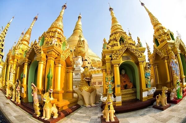 Fisheye image of shrines at Shwedagon Paya (Pagoda), Yangon (Rangoon), Myanmar (Burma), Asia
