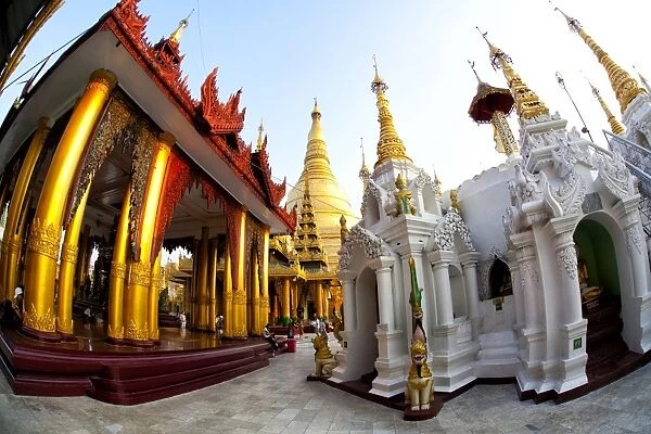 Fisheye image of temples and shrines at Shwedagon Paya (Pagoda), Yangon (Rangoon), Myanmar (Burma), Asia