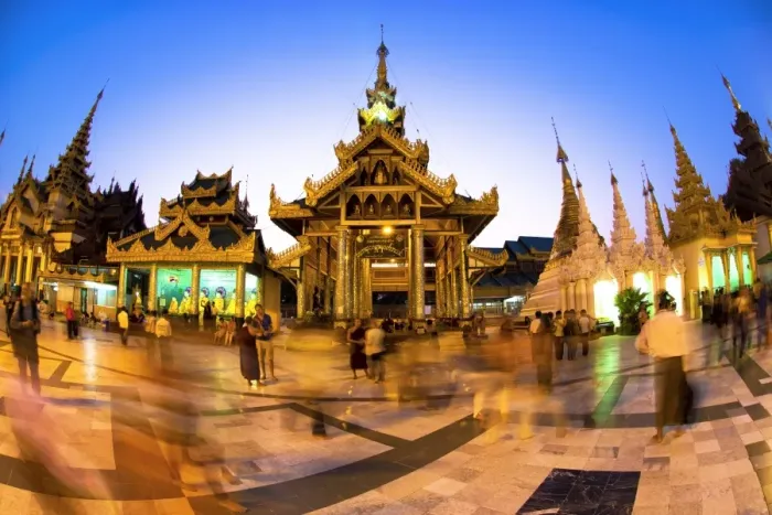 Framed Print : Fisheye shot at night of temples at Shwedagon Paya (Pagoda), Yangon (Rangoon), Myanmar (Burma), Asia Framed Print : Fisheye shot at night of temples at Shwedagon Paya (Pagoda), Yangon (Rangoon), Myanmar (Burma), Asia