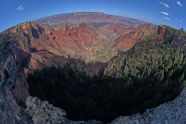 Fisheye view of Hance Canyon from the South Rim of Grand Canyon with Grandview Point is on the left, Grand Canyon National Park, UNESCO World Heritage Site, Arizona, United States of America, North America
