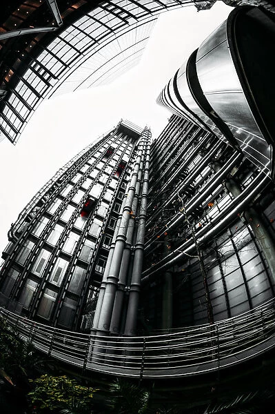 Fisheye view of Lloyds and The Leadenhall Buildings, financial district, City of London