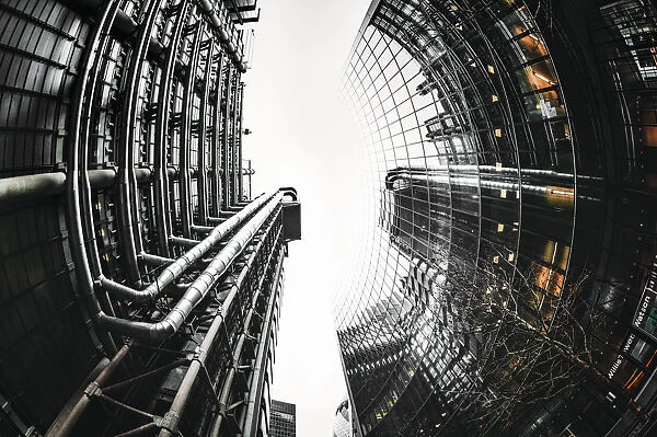 Fisheye view of Lloyds and Willis buildings, financial district, City of London, England