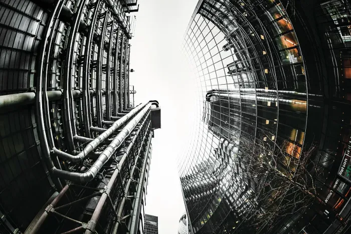 Framed Print : Fisheye view of Lloyds and Willis buildings, financial district, City of London, England Framed Print : Fisheye view of Lloyds and Willis buildings, financial district, City of London, England