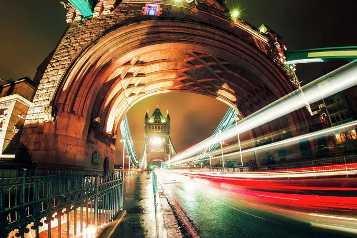 Framed Print : Fisheye view of traffic trail lights on Tower Bridge at night, Southwark, London