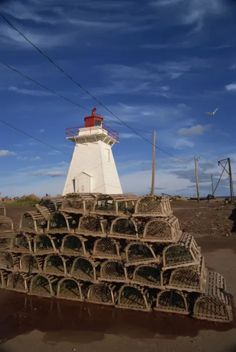 Framed Print : Fishing baskets and lighthouse on Prince Edward Island, Canada, North America Framed Print : Fishing baskets and lighthouse on Prince Edward Island, Canada, North America