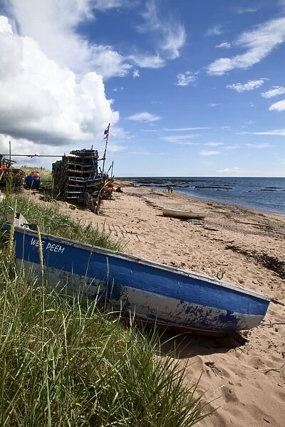 Fishing boat on the beach at Carnoustie, Angus, Scotland, United Kingdom, Europe