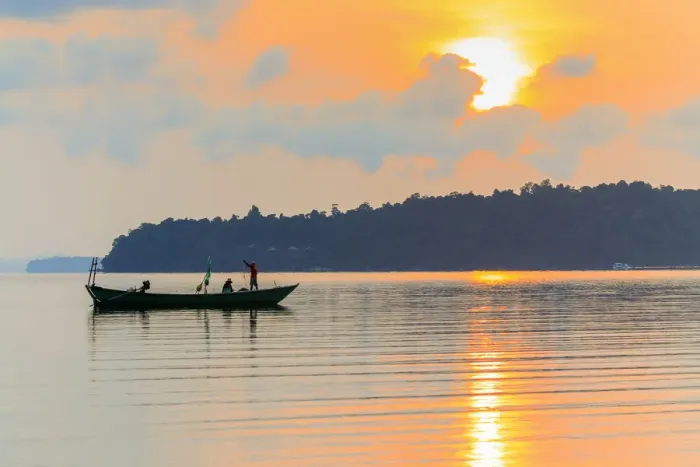 Framed Print : Fishing boat at dawn off the east coast of this holiday island, Saracen Bay, Koh Rong Framed Print : Fishing boat at dawn off the east coast of this holiday island, Saracen Bay, Koh Rong