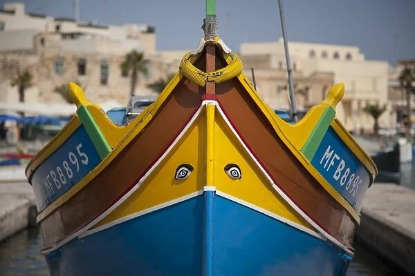 Fishing boat with Eyes of Osiris on bow, Marsaxlokk, Malta, Mediterranean, Europe