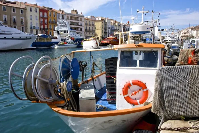 Framed Print : Fishing boat and fishing nets, Bouzigues, Thau basin, Herault, Languedoc, France, Europe Framed Print : Fishing boat and fishing nets, Bouzigues, Thau basin, Herault, Languedoc, France, Europe