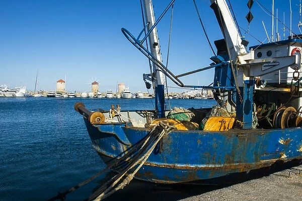 Fishing boat in the habour of the city of Rhodes, Rhodes, Dodecanese Islands, Greek Islands