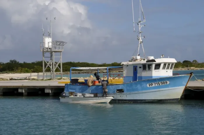 Framed Print : Fishing boat in harbour in Barbuda, Antigua and Barbuda, Leeward Islands, West Indies, Caribbean, Central America Framed Print : Fishing boat in harbour in Barbuda, Antigua and Barbuda, Leeward Islands, West Indies, Caribbean, Central America