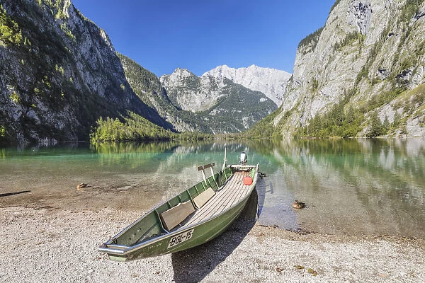 Fishing boat on Lake Obersee, Watzmann Mountain, near lake Koenigssee, Berchtesgadener Land